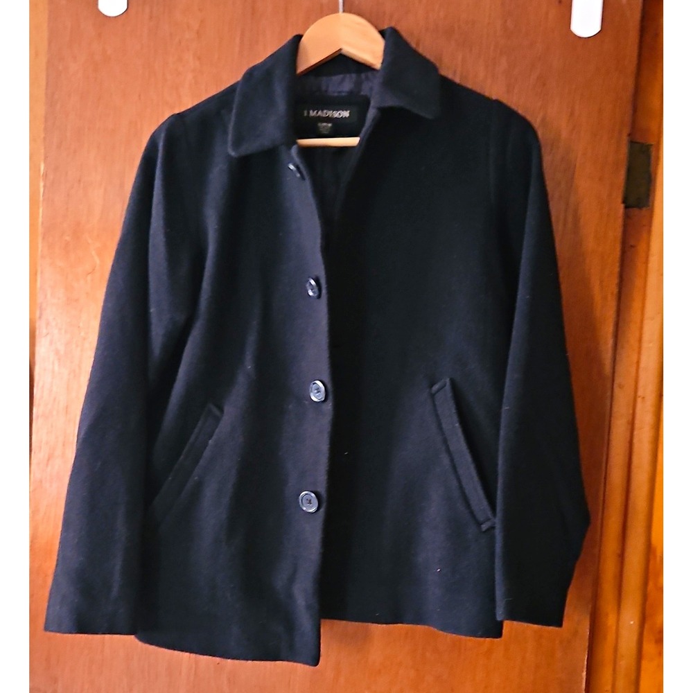 1 Madison Women's Black Solid Pea Coat Short Long Sleeve Button Lined L